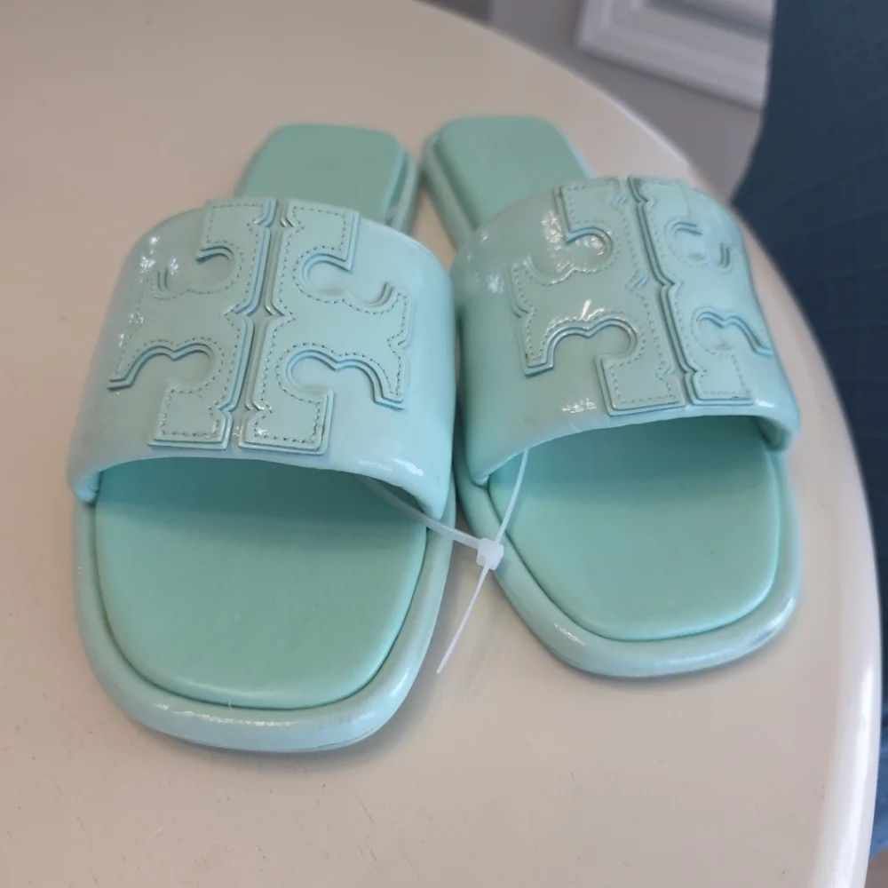 Tory Burch Double T Leather Sport Slide Caribbean Mist Size 11